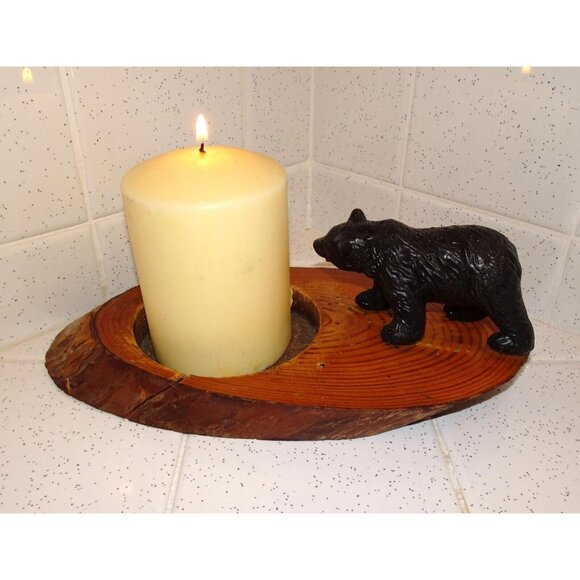 Vintage Log Slice Black Bear Candle Holder rustic primitive cabin decor man cave - Picture 6 of 13